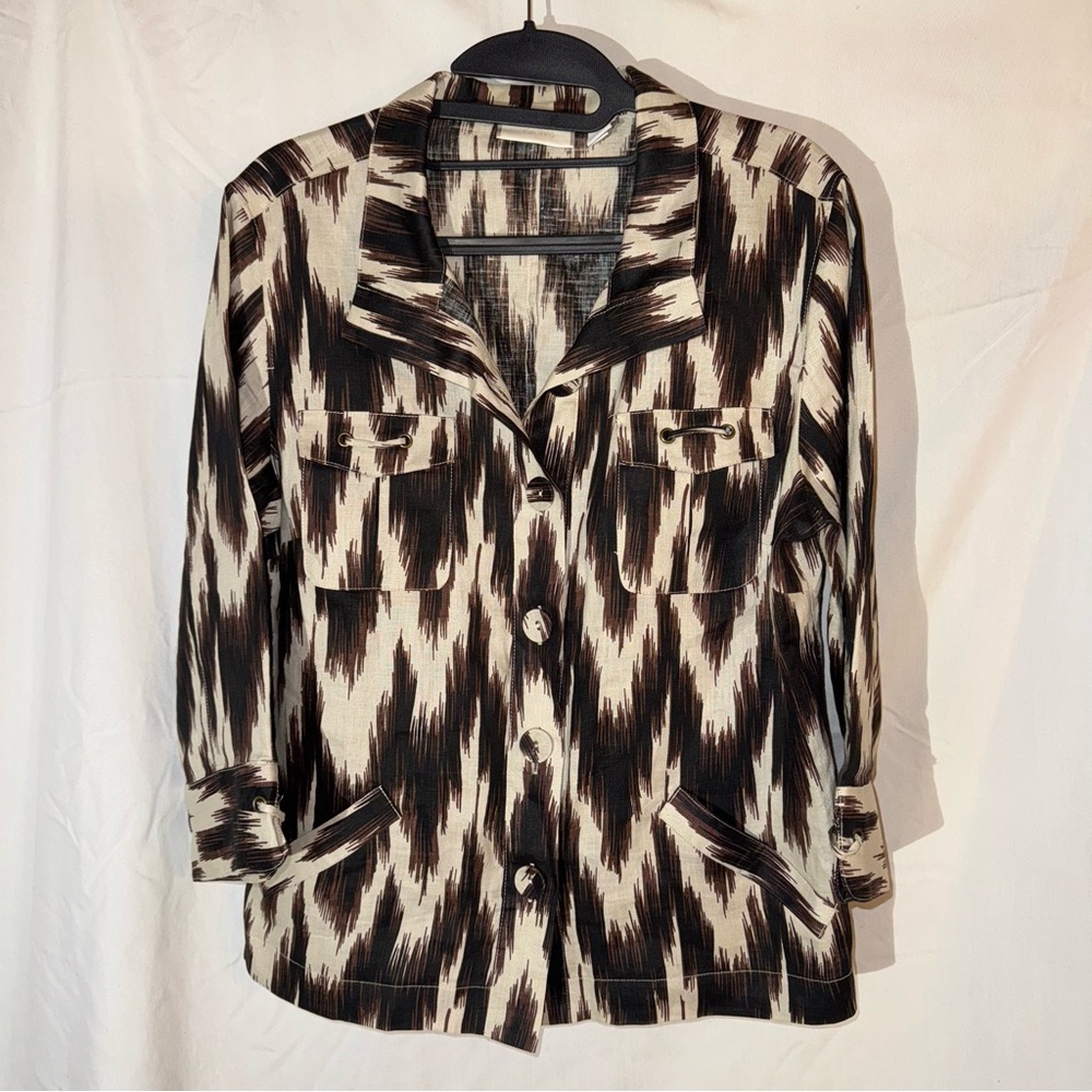 Chicos 100%‎ Linen - Brown,Black and Tan  Jacket- Size 1
